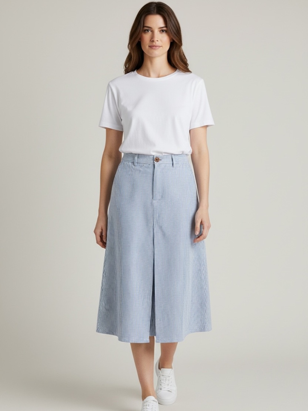 Anthropologie BODEN Mira Box Pleated Railroad Stripe Denim Skirt